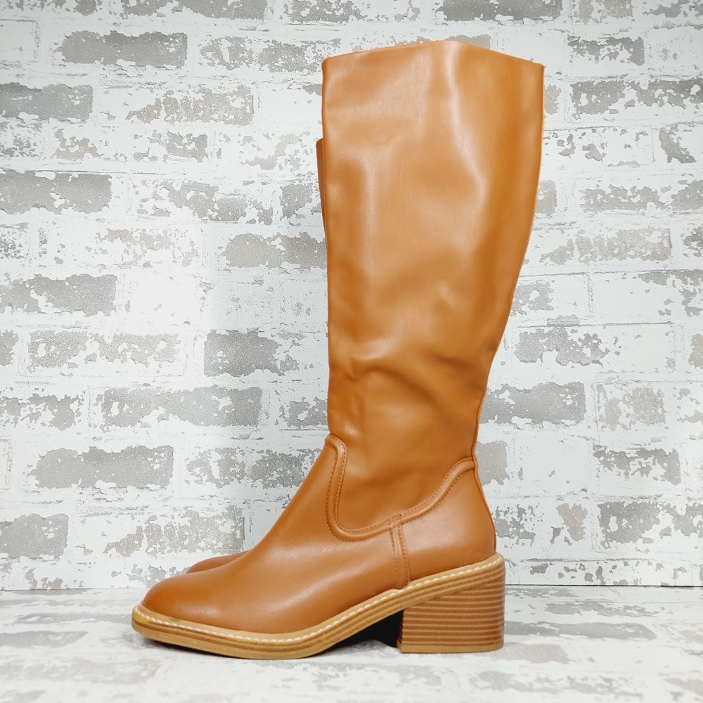NEW STEVEN by Steve Madden Calda Tan Leather Block Heel Knee-High Boots A95